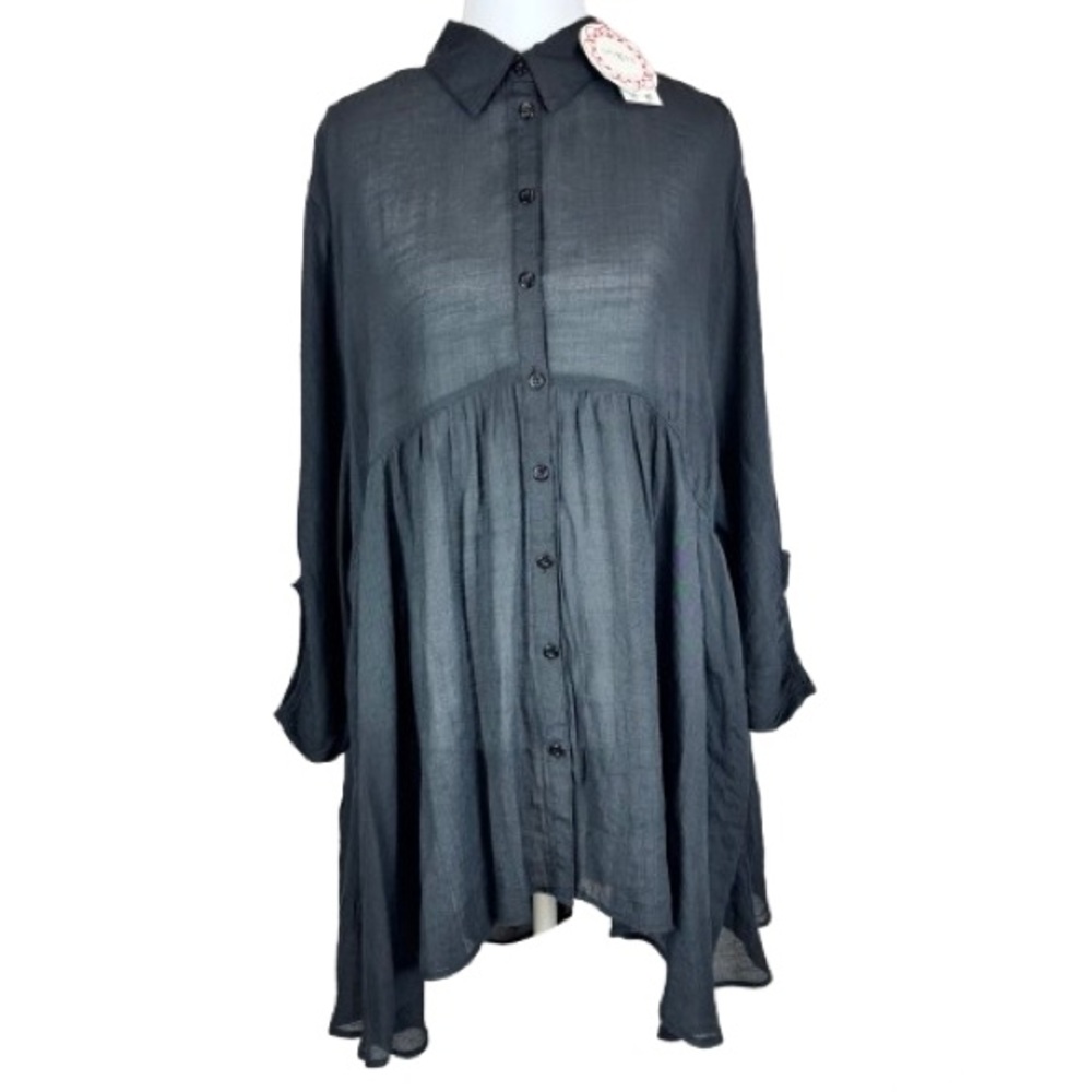 Umgee Sheer Tiered Button Tunic Button 3/4 length Sleeves High/Low Flowy NEW